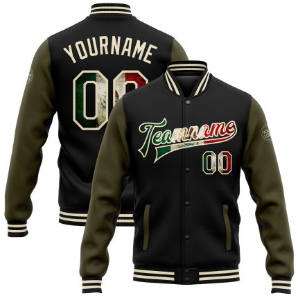 Custom Mexican Flag Bomber Jacket with Name and Number - Vintage Black Cream-Olive Varsity Full-Snap Two Tone Design Personalized