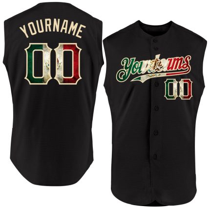 Personalized Vintage Mexican Flag Black Cream Sleeveless Baseball Jersey Personalized Black Vintage Mexican Flag-Cream Sleeveless