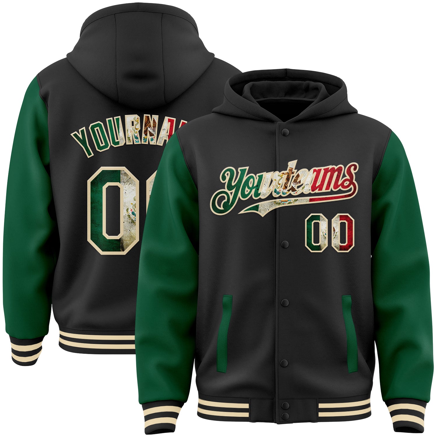 Custom Name Number Vintage Mexican Flag Bomber Hoodie Jacket Kelly Green Cream Full-Snap Varsity Letterman Personalized Black