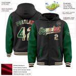 Custom Name Number Vintage Mexican Flag Bomber Hoodie Jacket Kelly Green Cream Full-Snap Varsity Letterman Personalized Black