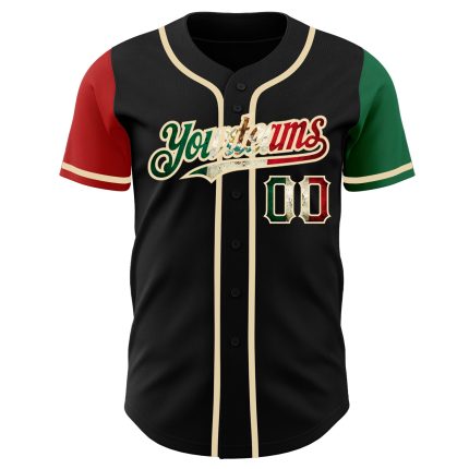 Personalized Vintage Black Mexican Flag Baseball Jersey with Custom Name and Number - Two Tone Kelly Green Red-City Cream Design