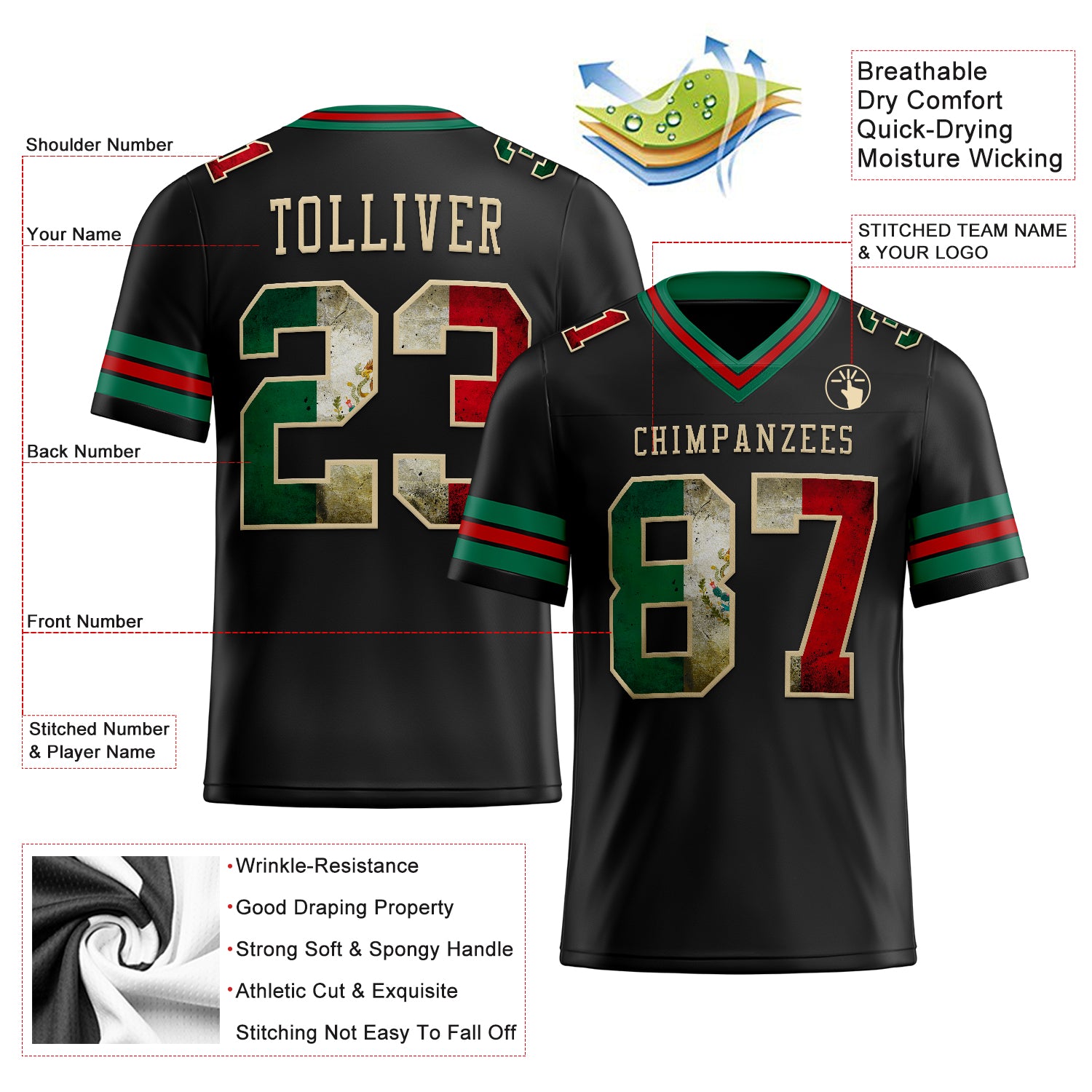 Personalized Black Vintage Mexican Flag Kelly Green Red-City Cream Mesh Authentic Football Jersey Team Custom Name and Number Custom Vintage Mexican Flag Football Jersey - Personalized Black Kelly Green Red-City Cream Mesh with Name and Number Personalized - Image 2