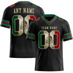 Black Vintage Mexican Flag Football Jersey Personalized in Kelly Green and Red, Cream Mesh Design Personalized Black Vintage