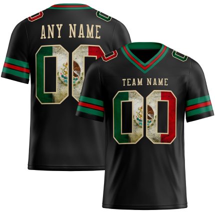 Black Vintage Mexican Flag Football Jersey Personalized in Kelly Green and Red, Cream Mesh Design Personalized Black Vintage