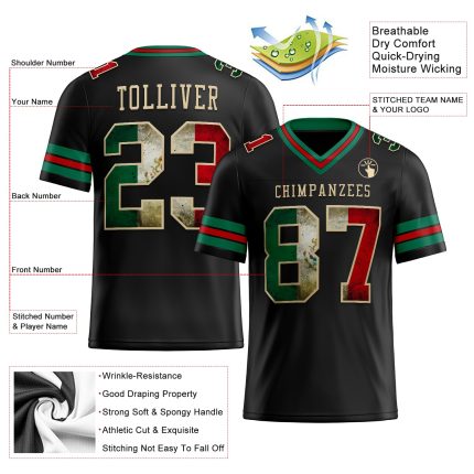 Black Vintage Mexican Flag Football Jersey Personalized in Kelly Green and Red, Cream Mesh Design Personalized Black Vintage