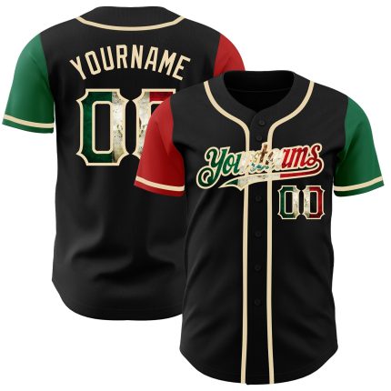 Personalized Vintage Mexican Flag Baseball Jersey - Black Kelly Green Red Cream Two Tone Size 2 Personalized Black Vintage