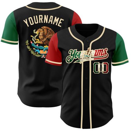 Personalized Vintage Mexican Flag Baseball Jersey - Kelly Green Red Cream Two Tone Personalized Black Vintage Mexican Flag
