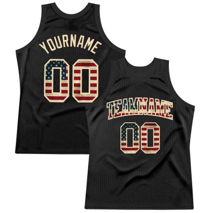 Personalized Vintage USA Basketball Jersey - Black City Cream Throwback Jersey Personalized Black Vintage USA Flag-City Cream