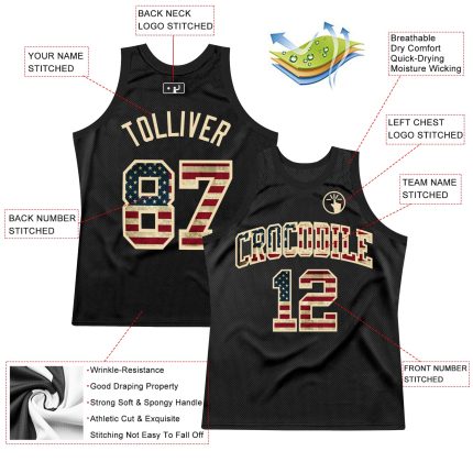 Personalized Vintage USA Basketball Jersey - Black City Cream Throwback Jersey Personalized Black Vintage USA Flag-City Cream