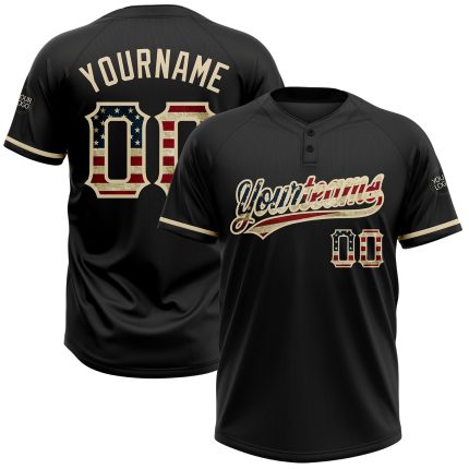 Personalized Vintage USA Flag Black Softball Jersey Unisex Custom Name Number - City Cream Two-Button Design Personalized
