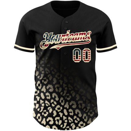 Personalized Vintage USA Flag Baseball Jersey with Cream 3D Leopard Print Fade Personalized Black Vintage USA Flag-Cream