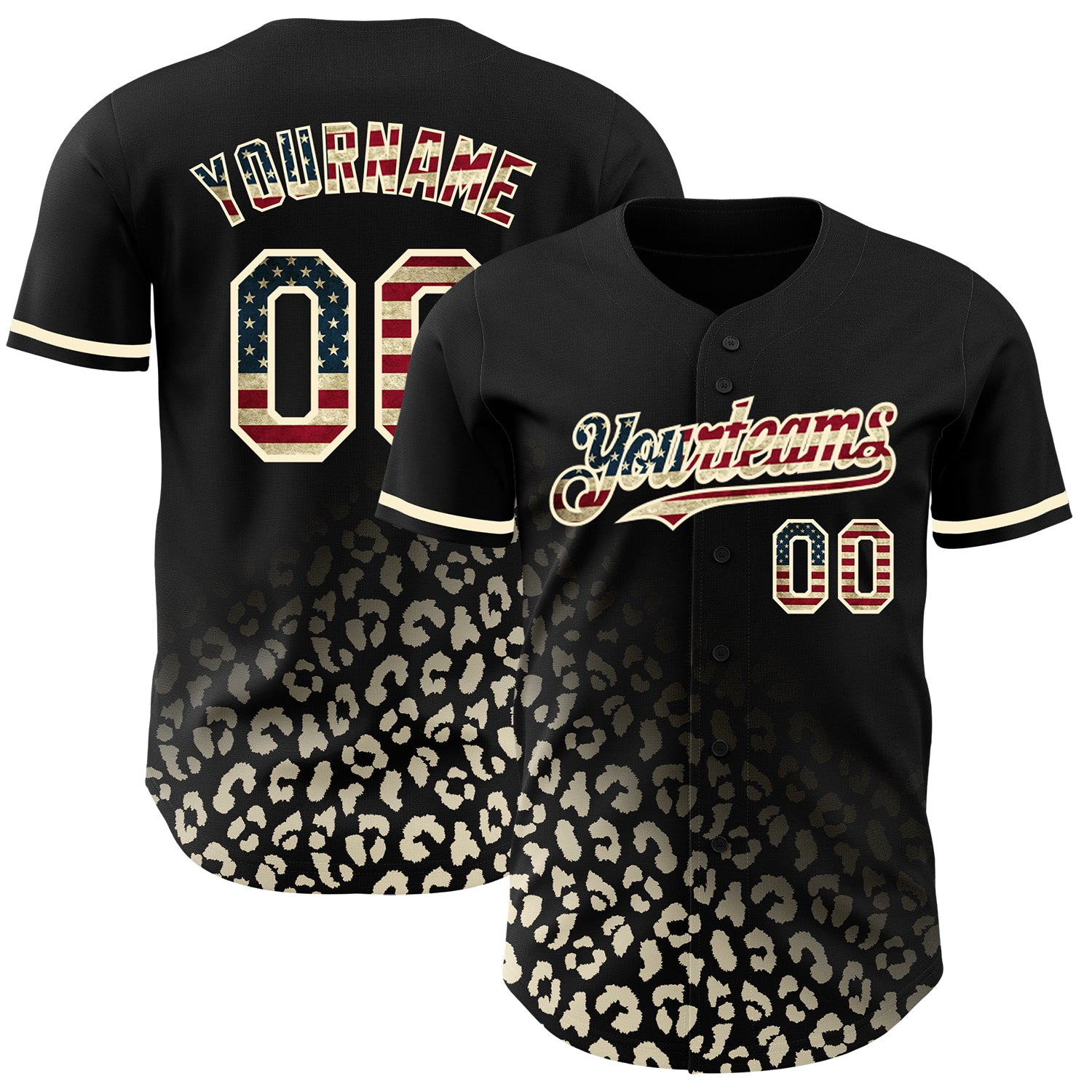 Personalized Vintage USA Flag Baseball Jersey with Cream 3D Leopard Print Fade Personalized Black Vintage USA Flag-Cream
