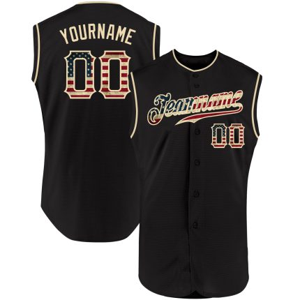 Custom Vintage USA Flag Baseball Jersey - Personalized Black Cream Sleeveless Team Shirt with Name and Number Personalized