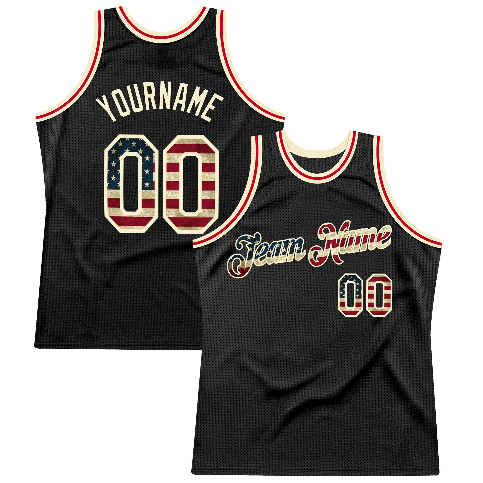 Customizable Black Vintage USA Flag Basketball Jersey with Personalized Name and Number - Authentic Throwback Style Personalized