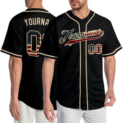 Personalized Vintage USA Flag Baseball Jersey - Cream Black Design, Size 3 Personalized Black Vintage USA Flag-Cream Baseball