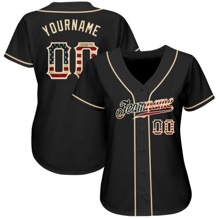 Personalized Vintage USA Flag Baseball Jersey in Black and Cream Personalized Black Vintage USA Flag-Cream Baseball Jersey
