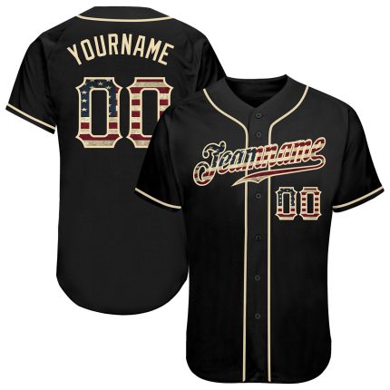 Personalized Vintage USA Flag Baseball Jersey in Black and Cream Personalized Black Vintage USA Flag-Cream Baseball Jersey