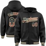 Customized Black Vintage USA Flag Bomber Hoodie Jacket with Team Name and Number Full-Snap Varsity Style Personalized Black