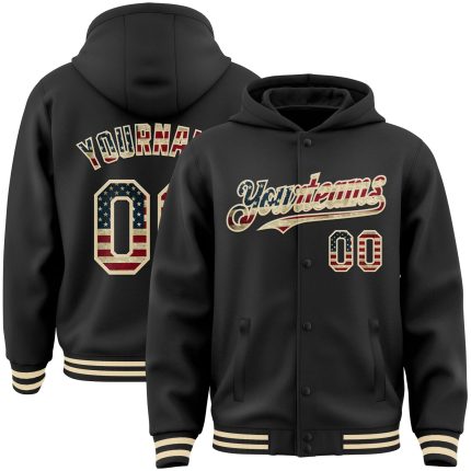 Customized Black Vintage USA Flag Bomber Hoodie Jacket with Team Name and Number Full-Snap Varsity Style Personalized Black