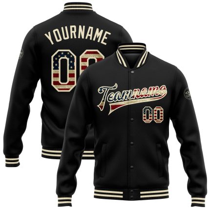 Personalized Vintage USA Flag Bomber Jacket - Cream Full-Snap Varsity Letterman Personalized Black Vintage USA Flag-Cream