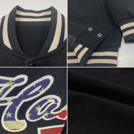 Personalized Vintage USA Flag Bomber Jacket - Cream Full-Snap Varsity Letterman Personalized Black Vintage USA Flag-Cream