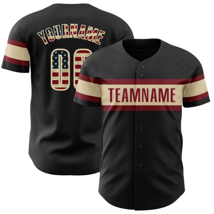 Personalized Vintage USA Flag Baseball Jersey in Black and Cream-Crimson Personalized Black Vintage USA Flag Cream-Crimson