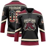 Custom cream and crimson vintage USA flag lace-neck hockey jersey, back view