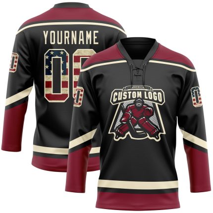Custom cream and crimson vintage USA flag lace-neck hockey jersey, back view