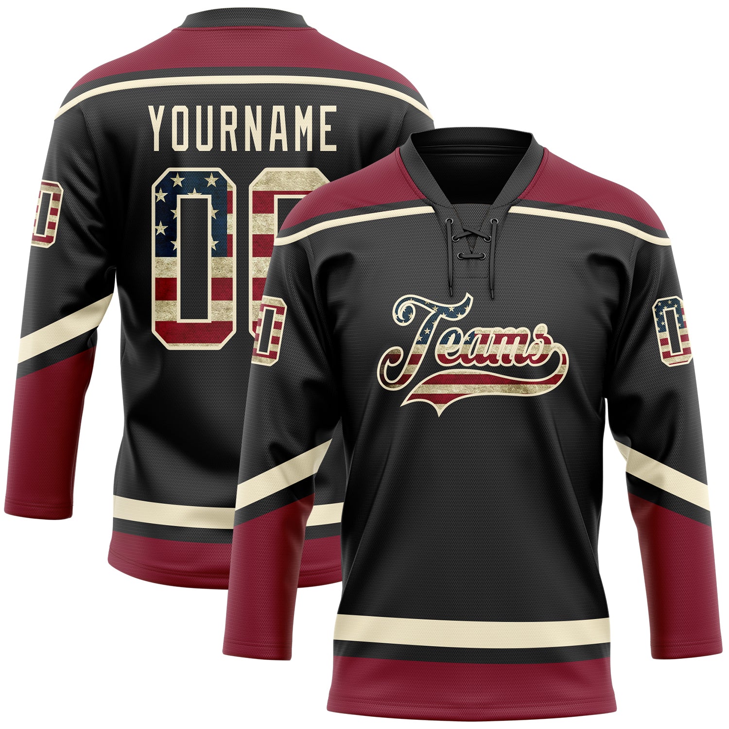 Custom Name and Number Vintage USA Flag Hockey Jersey - Personalized Black Cream Crimson Lace Neck Team Apparel Personalized