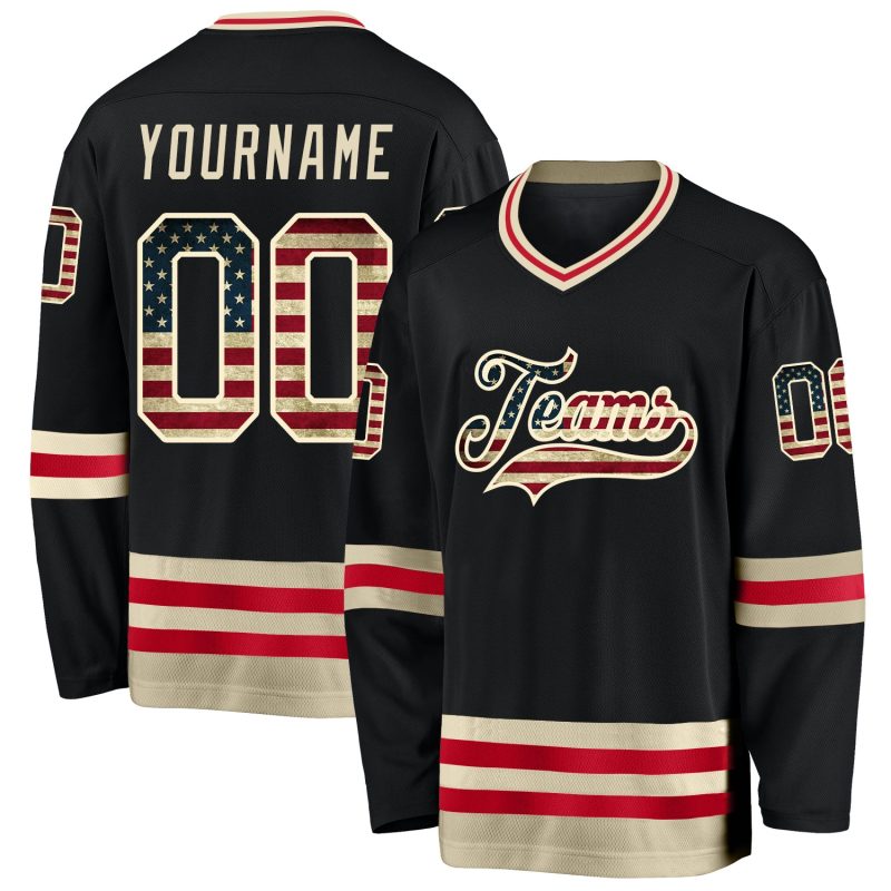 Personalized Vintage USA Flag Hockey Jersey - Black Cream Color Design Personalized Black Vintage USA Flag-Cream Hockey Jersey