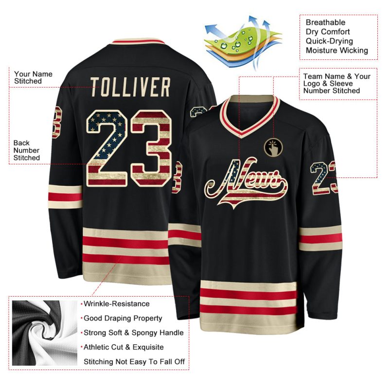 Personalized Vintage USA Flag Hockey Jersey - Black Cream Color Design Personalized Black Vintage USA Flag-Cream Hockey Jersey