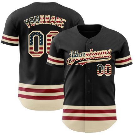 Personalized Vintage USA Flag Baseball Jersey - Black Cream Line Design Personalized Black Vintage USA Flag-Cream Line Baseball