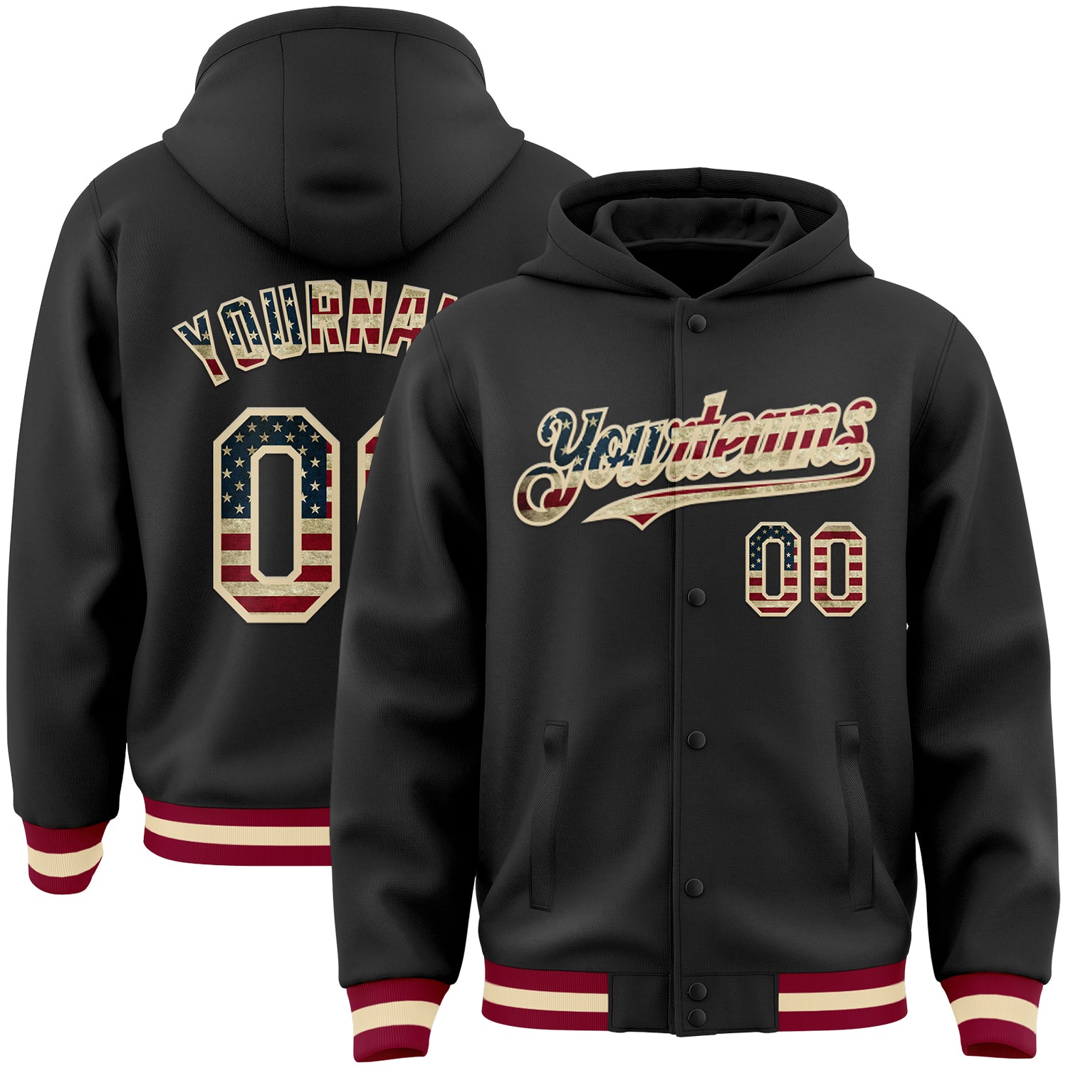 Custom Name Number Vintage USA Flag Bomber Hoodie Jacket Cream-Maroon Full-Snap Varsity Letterman Personalized Black Vintage