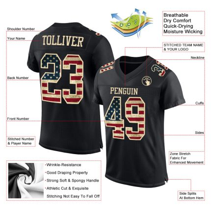 Personalized Vintage USA Flag Football Jersey - Black Cream Authentic Mesh Personalized Black Vintage USA Flag-Cream Mesh