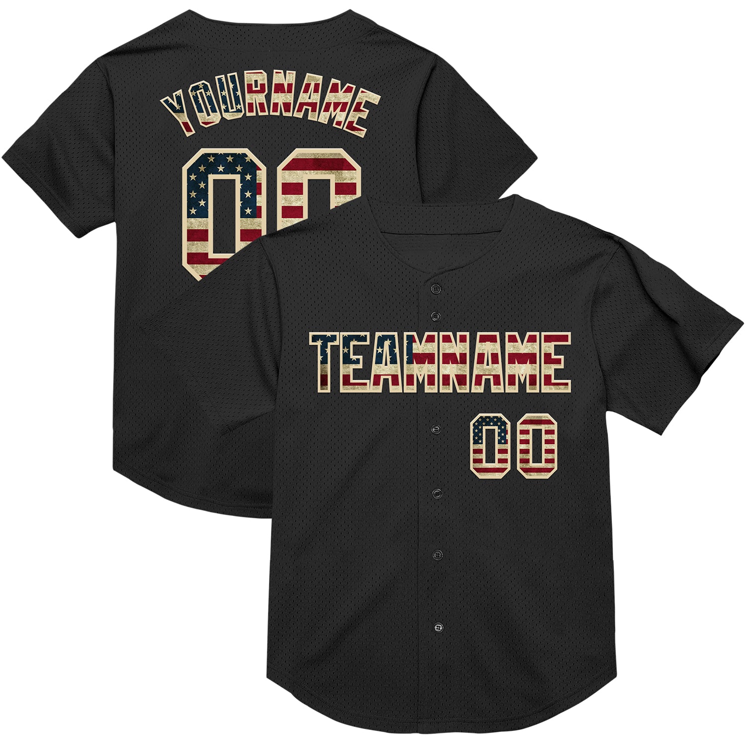 Personalized Black Vintage USA Flag Baseball Jersey - Cream Mesh Authentic Throwback Apparel Personalized Black Vintage USA