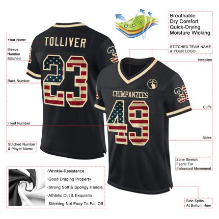 Personalized Vintage USA Flag Football Jersey - Custom Name & Number on Black Cream Mesh Authentic Design Personalized Black