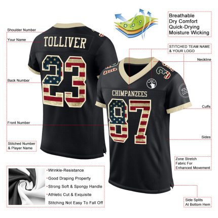 Personalized Black Vintage USA Flag Football Jersey Cream Mesh Size 3 Personalized Black Vintage USA Flag-Cream Mesh Football
