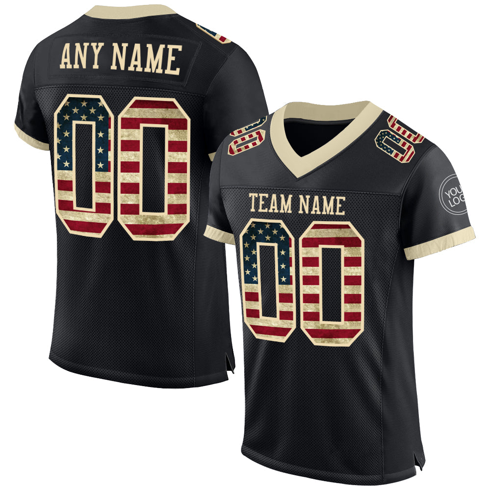 Personalized Black Vintage USA Flag Football Jersey Cream Mesh Size 3 Personalized Black Vintage USA Flag-Cream Mesh Football