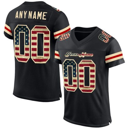 Personalized Vintage USA Flag Football Jersey - Black Cream Mesh Jersey Personalized Black Vintage USA Flag-Cream Mesh Football