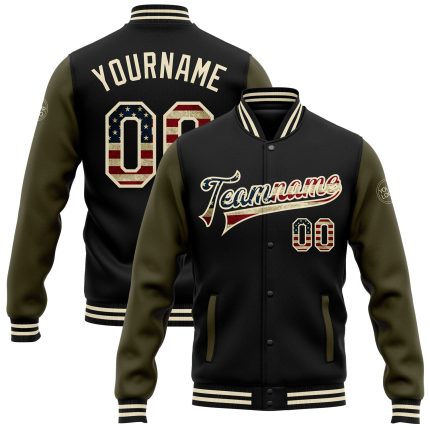 Personalized Vintage Black USA Flag Two Tone Bomber Varsity Letterman Full-Snap Jacket Cream-Olive Personalized Black Vintage