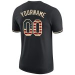 Custom black and cream vintage USA flag performance t-shirt, close-up of the collar