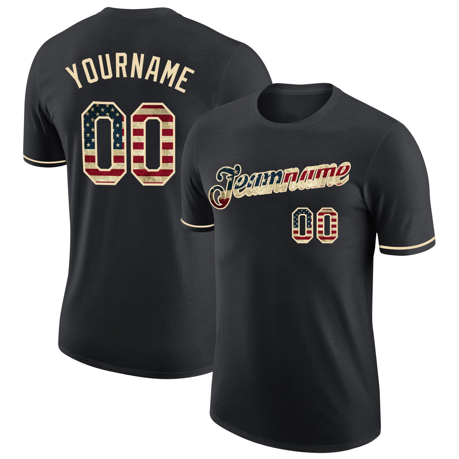 Custom Personalized Vintage USA Flag Black Cream T-Shirt with Team Name and Number - Performance Apparel Personalized Black