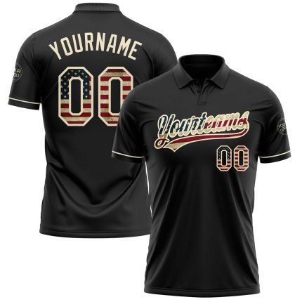 Custom Name & Number Vintage USA Flag Golf Polo Shirt - Black Cream Performance Personalized Black Vintage USA Flag-Cream