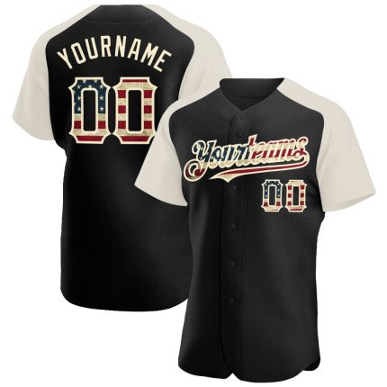Personalized USA Flag Black Vintage Baseball Jersey with Cream Raglan Sleeves Personalized Black Vintage USA Flag-Cream Raglan