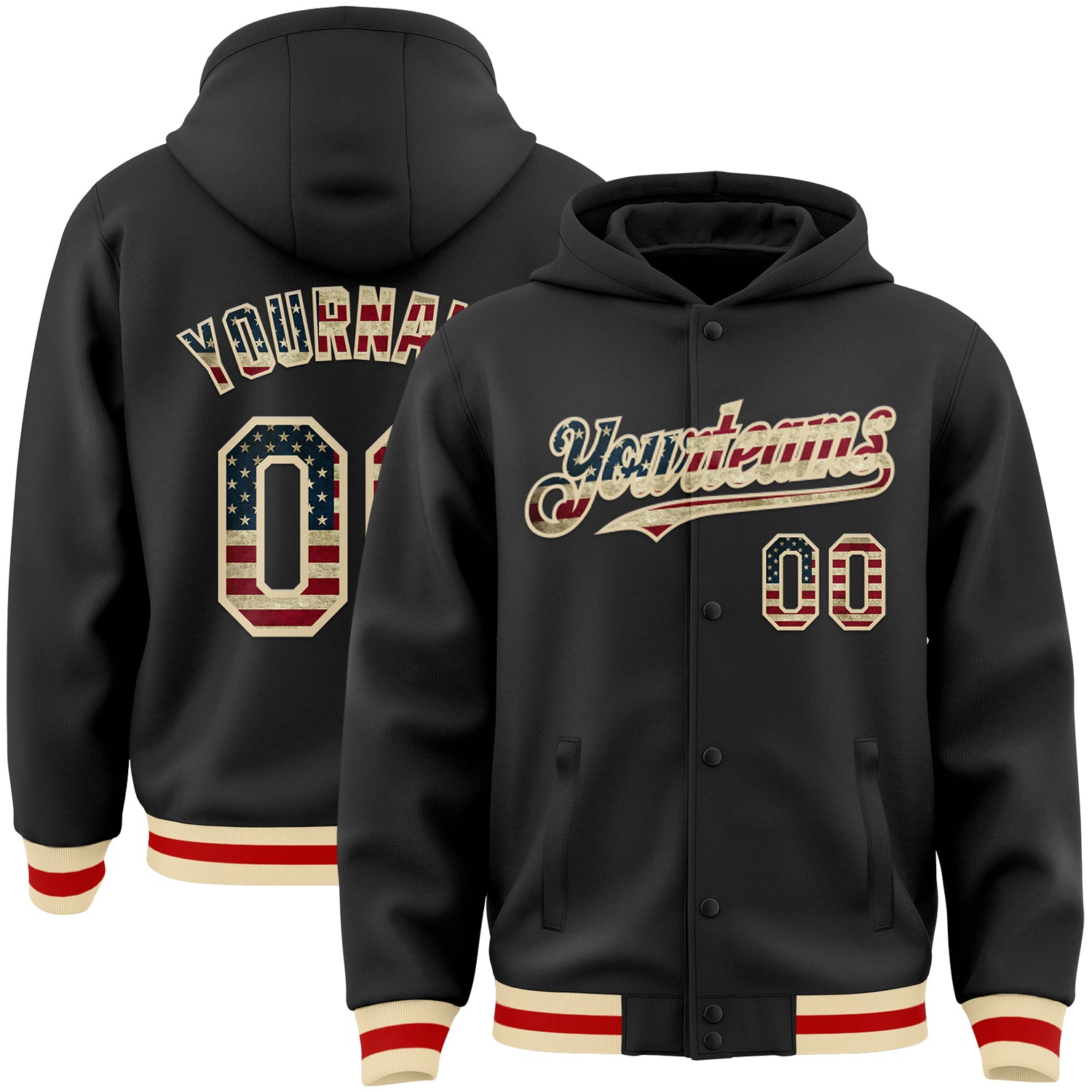 Custom Name and Number Vintage USA Flag Bomber Hoodie Jacket Cream-Red Full-Snap Varsity Letterman Mens Apparel Personalized