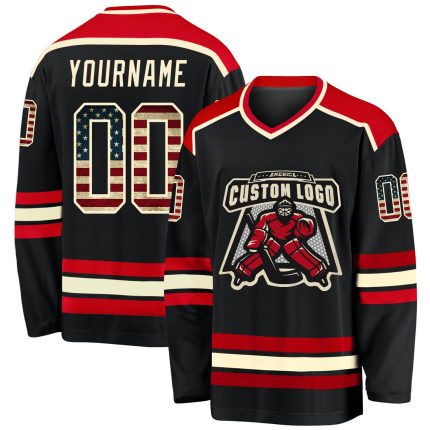 Personalized Vintage Black USA Flag Hockey Jersey in Cream-Red, Custom Sports Apparel Personalized Black Vintage USA Flag