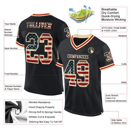 Personalized Custom Name Number Black Vintage USA Flag Football Jersey Authentic Cream-Red Mesh Throwback Personalized Black