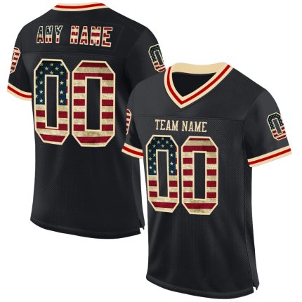 Personalized Custom Name Number Black Vintage USA Flag Football Jersey Authentic Cream-Red Mesh Throwback Personalized Black