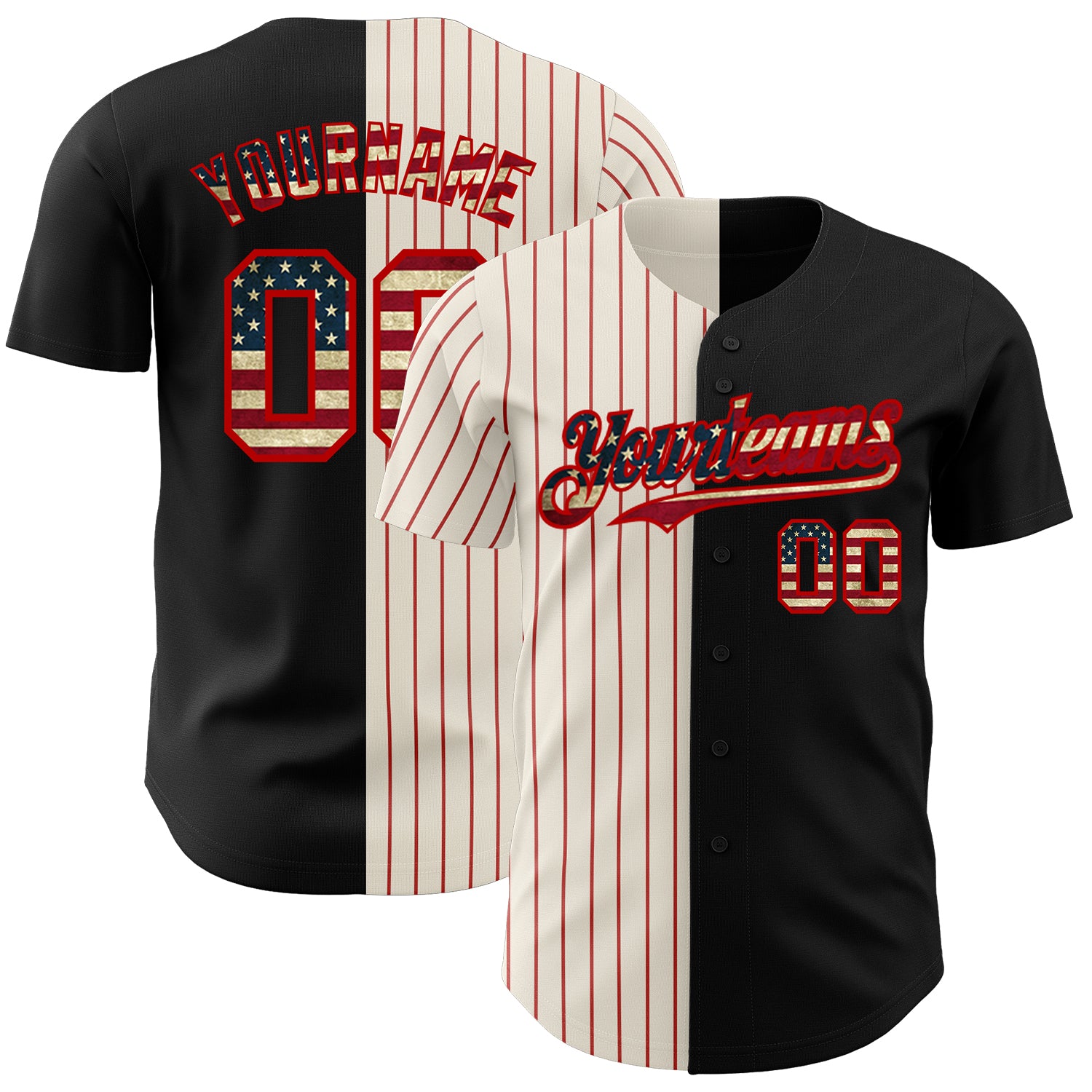 Custom Name and Number Vintage USA Flag Baseball Jersey - Black Cream-Red Pinstripe Authentic Split Fashion Team Apparel