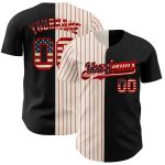 Personalized Vintage USA Flag Baseball Jersey with Cream-Red Pinstripes, Black Split Design Personalized Black Vintage USA